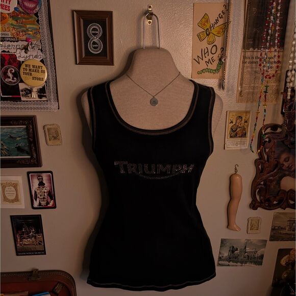 Triumph Motorcycle Graphic Tank Top Women's Large Black Rhinestone Logo Y2K - Picture 1 of 9